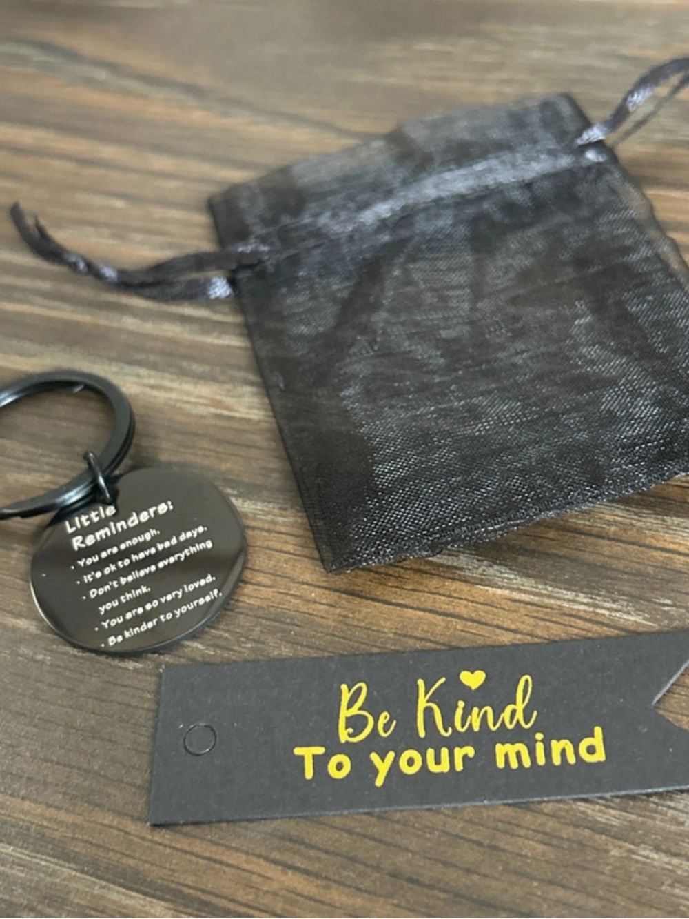 mental health keychain with organza bag and Be kind tag - little reminders